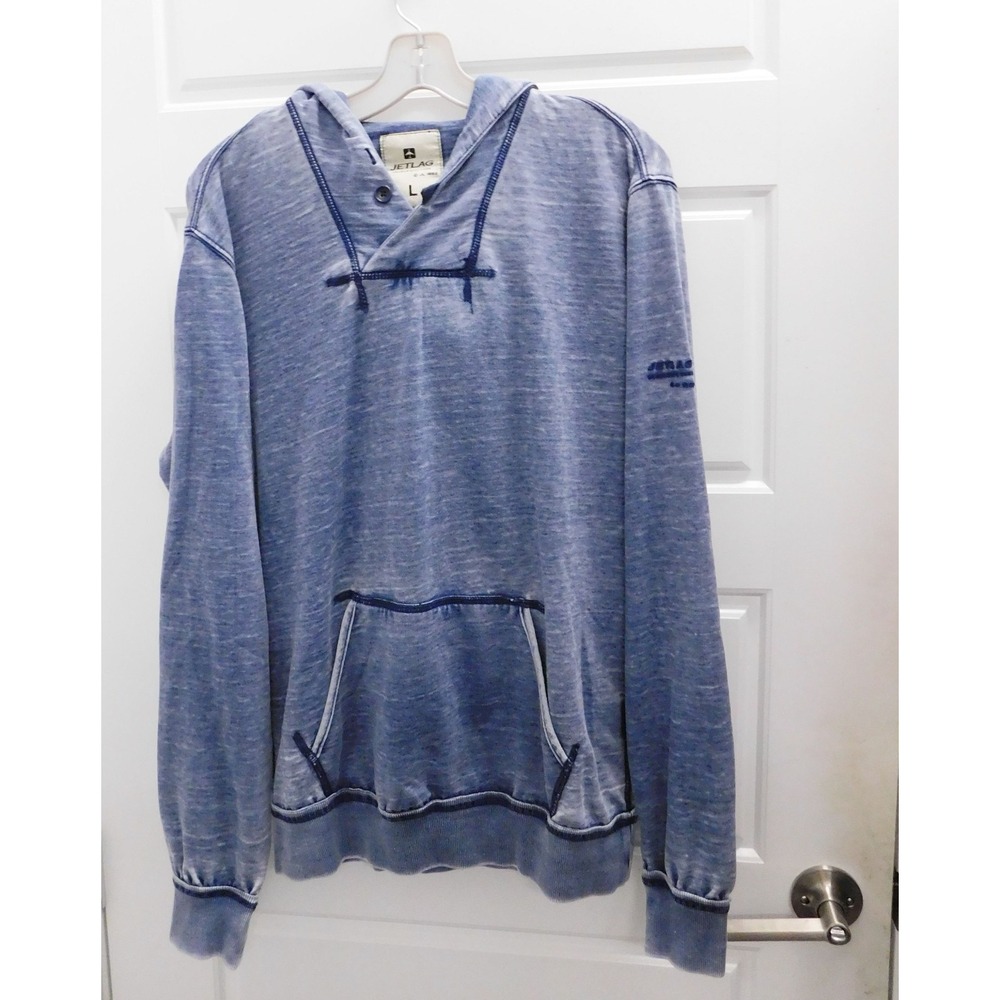 Jetlag Hoodie Mens Large Blue Y2K Distressed Kangaroo‎ Pocket Sweatshirt